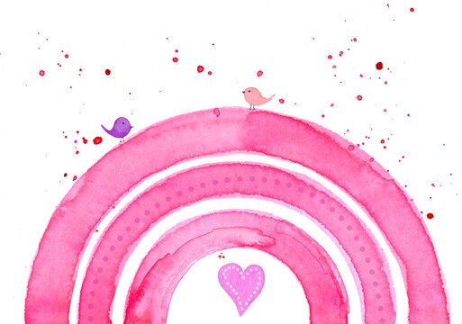 Watercolor pink rainbow with cute birds and heart