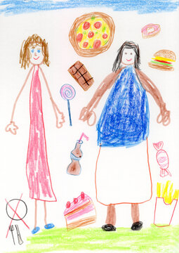 Child's drawing showing eating disorder and unhealthy fast food