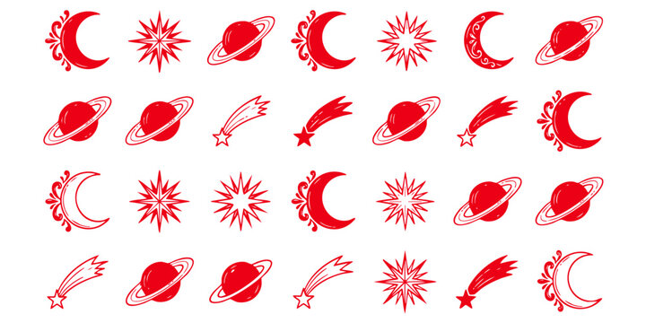 Planets and moons orbit around suns and stars in celestial artwork