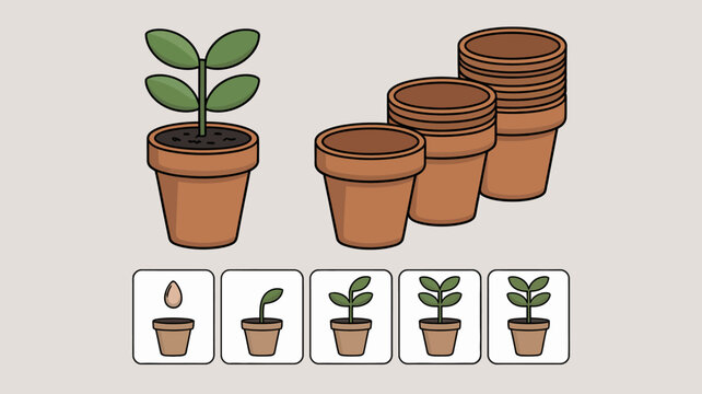 Plant growth stages in terracotta pots with stacked pot illustration