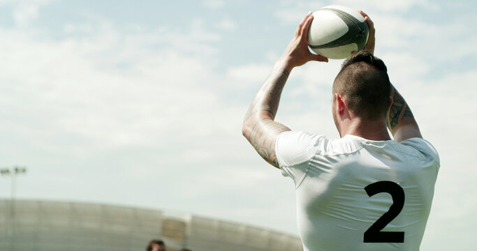 Ball, line out and rugby with man outdoor for competition, game or match as sport player. Fitness, space and throwing with person at event or venue for action, restart or tournament as team hooker