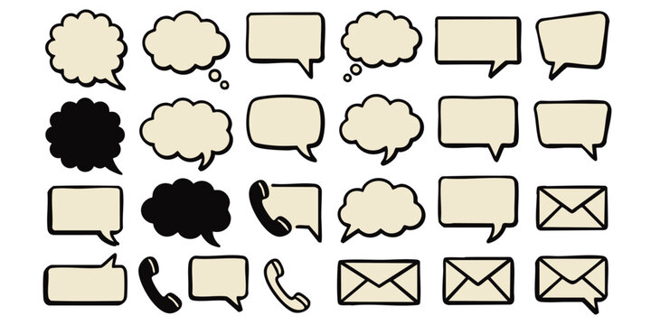 Various communication icons including speech bubbles and phone symbols are arranged.
