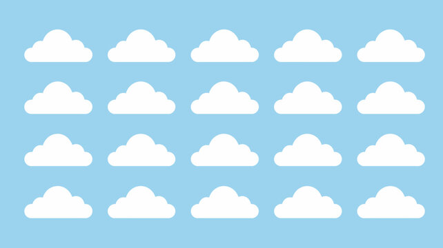 Collection of cute white clouds arranged in grid pattern on light blue sky background