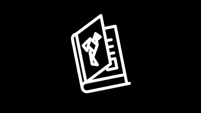 Minimalist white line art icon of a book with an origami bird on its cover
