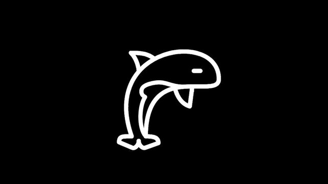 Simple white outline of a leaping orca whale on a black background