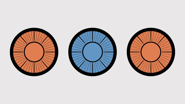 Three stylized circular icons with divided segments and central circle