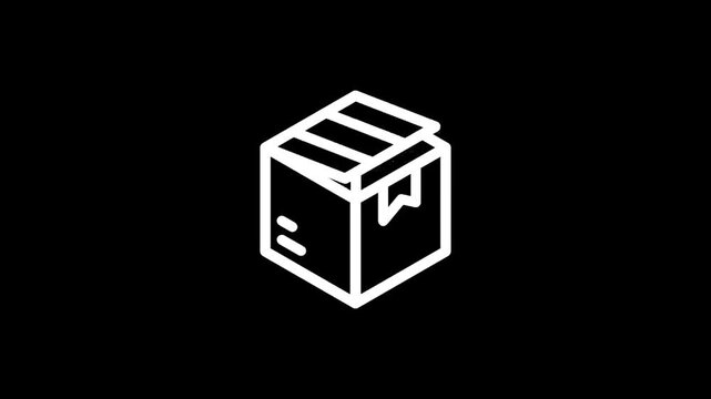 Simple white line art icon of an open cardboard box on a black background