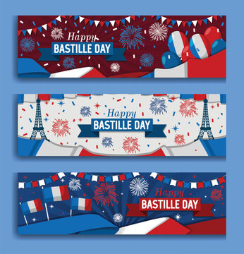 Bastille Day Floral Ornament Vector Illustration With Fireworks And Flags 14th of july