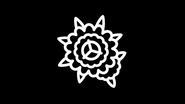Stylized white flower icon with geometric center on black background