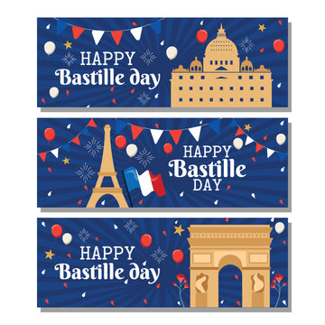 Bastille Day Banners Featuring Parisian Landmarks Vector Illustration 14th of july