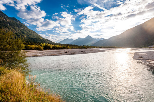 River Lech flowing through the Alps mountain landscape in Tyrol