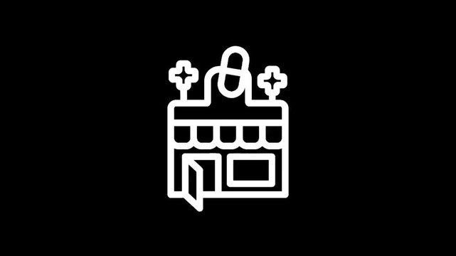 Simple white line art icon of a pharmacy building with a pill on top