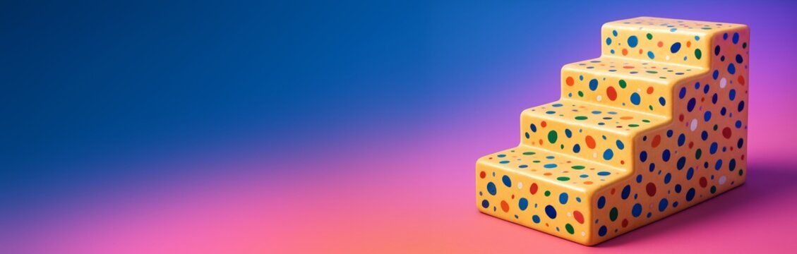 Abstract colorful staircase block with polka dots on vibrant gradient background for creative design or promotional poster mockup concept. Ai generative