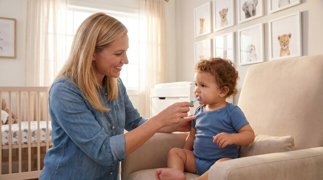 Smiling mother brushing the teeth of a young toddler sitting in an armchair inside a sunlit nursery room with a crib and framed pictures on the wall