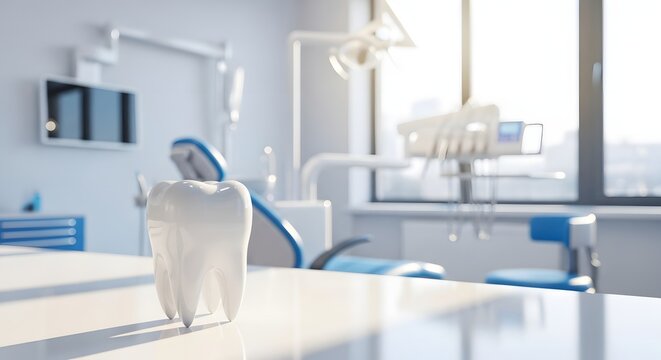 Bright white tooth model on a desk in a dental clinic. Modern stomatology and professional oral care concept. Empty dentist office ready for patient consultation