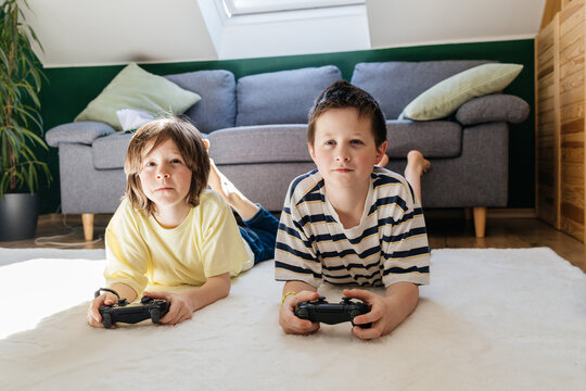Brothers playing video game on living room floor