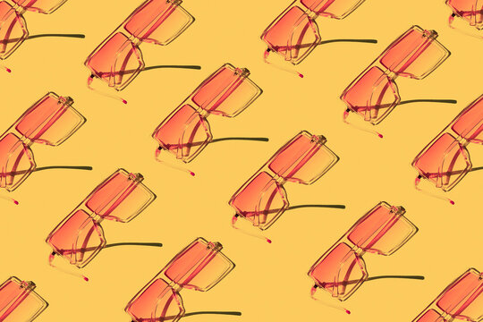 3D Illustration, summer, concept, row of pink sunglasses