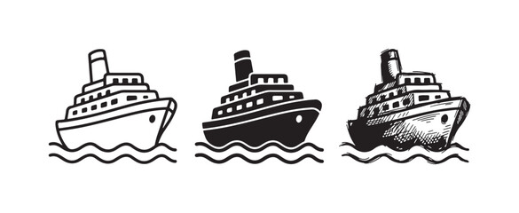 Three detailed illustrations of a cruise ship or passenger liner, shown in outline, solid black, and hand-drawn sketch styles, sailing on waves. © Ірина Гринюк