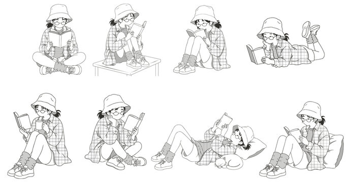 Reading Girl Pose Set Black Line Art Illustration