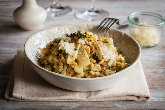 Bowl of ready-to-eat barley risotto with salsify