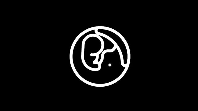 Minimalist white line art logo of a fetus inside a circle, representing life and conception