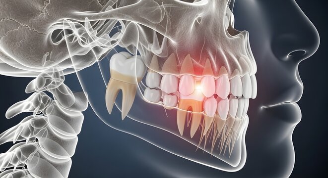 Transparent skull showing jaw and glowing inflamed root. Dental health and painful decay diagnosis. Xray visualization displaying pulpitis condition in human anatomy.