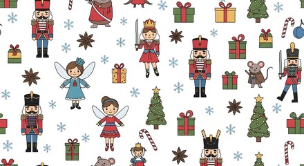 Fototapeta premium Colorful Nutcracker Christmas Pattern with Toy Soldiers Fairies Gifts and Trees on White Background