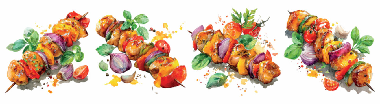 Grilled chicken and vegetable skewers, cooking on a barbecue, watercolor illustration of delicious meat and veggies for a healthy summer meal