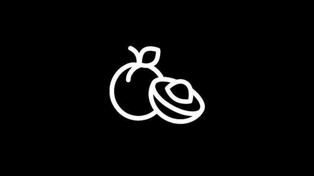 Simple line art icon of a whole and halved plum with a leaf on a black background