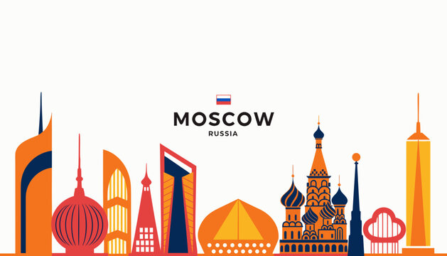 Vector illustration of Moscow skyline in colorful silhouette, with &ldquo;MOSCOW&rdquo; text, on white background, modern city identity and tourism design