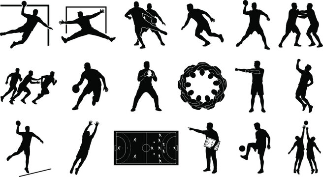 Handball player silhouettes set featuring athletes jumping throwing defending and team icons on white background
