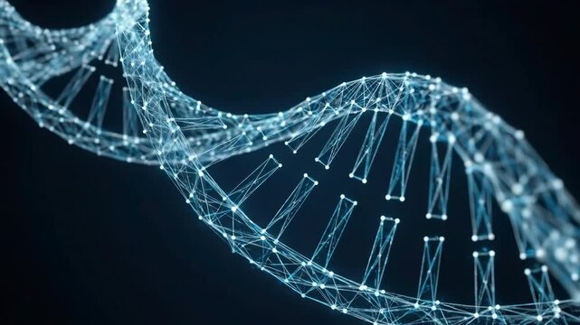 3D DNA double helix model made of glowing plexus lines. Suitable for science, medicine, biology, biotechnology, genetics, and education.