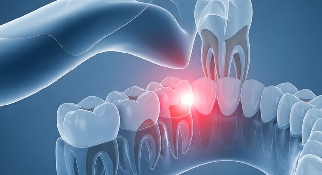 Transparent jawbone rendering showing deep cavity and inflamed root. Dental pathology and pain diagnosis. Glowing red molar indicating severe pulpitis infection inside mouth.