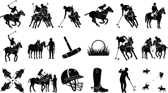 Polo sport silhouette set featuring players riding horses with mallets, equestrians, gear, and matches icons isolated on white background