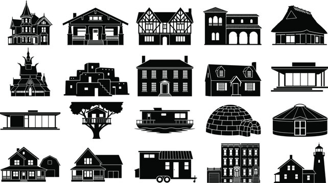 Set of traditional and modern house architectural styles icons including cabin igloo yurt villa and tiny home silhouette shapes