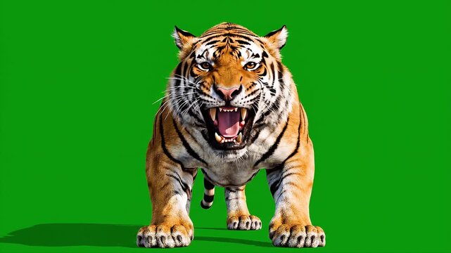Roaring Bengal Tiger on Green Screen &ndash; Chroma Key Wildlife Animation