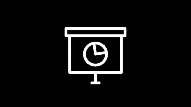 Simple line art icon of a presentation board with a pie chart on a black background