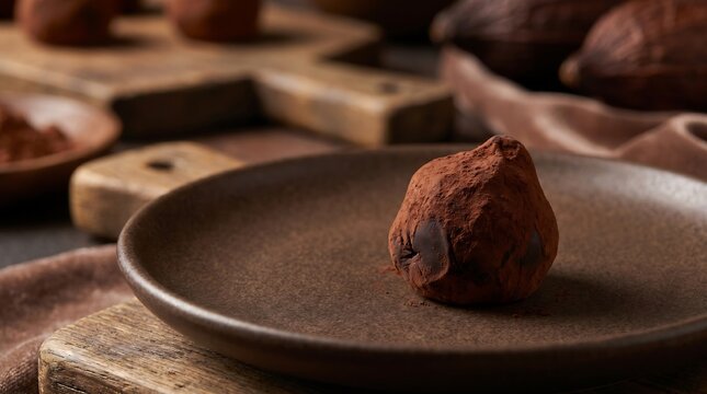 Freshly made artisan chocolate truffle on rustic plate with baking ingredients in warm kitchen setting