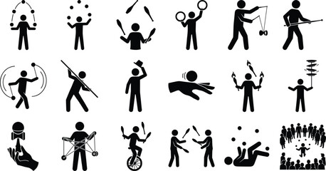 Stick figure icons representing various circus skills juggling street performance and object manipulation arts isolated on white background © Ananya