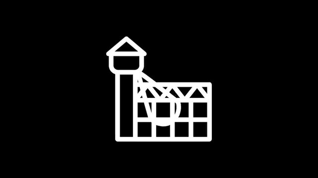 Simple white line icon of a prison building with a guard tower on a black background