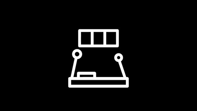 Simple line art icon of a slot machine with a lever and reels on a black background