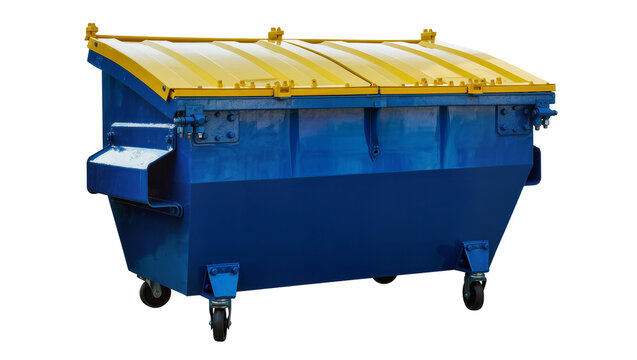 Large blue dumpster with yellow lid and wheels