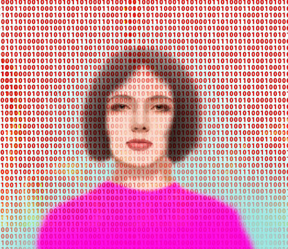 Illustration of young woman overlaid with binary code