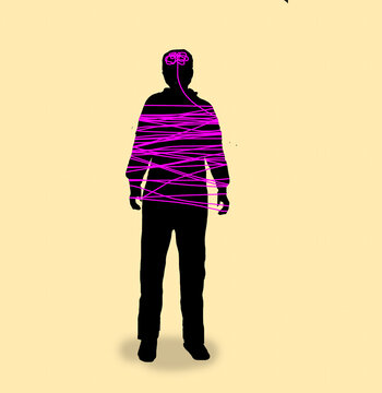 Conceptual silhouette tied up by tangled string from the brain