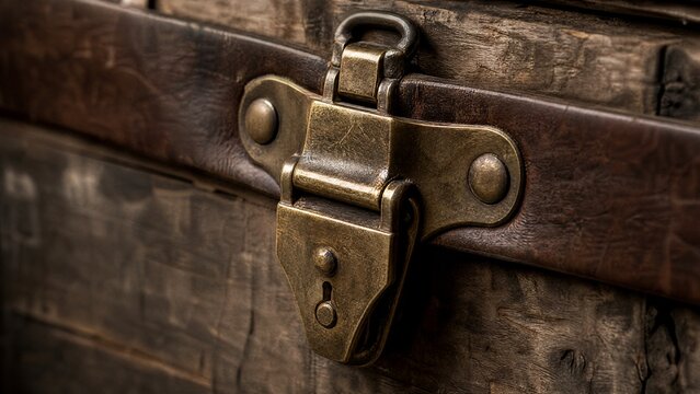 A heavy brass hasp fastened on the leather strap of an aged wooden crate.