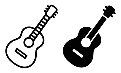 Fototapeta premium Black and white guitar icons with outline and solid style illustrations on transparent background