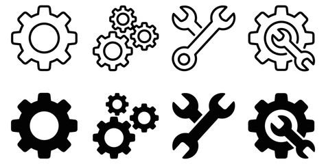 Set of gear and wrench icons in black and white outline and solid styles representing tools and mechanics on transparent background © KKeitlin