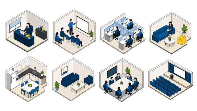 Isometric office interior scenes with workplace rooms set