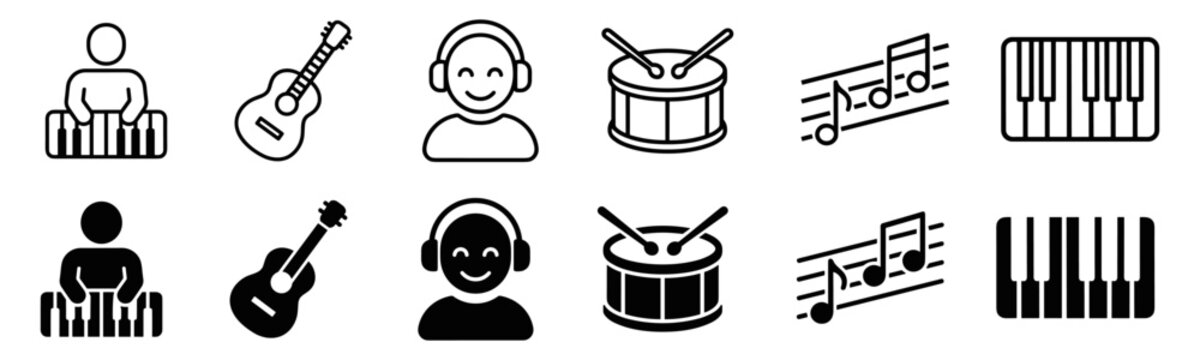 Set of black and white music icons including piano player, guitar, person with headphones, drum, musical notes, and piano keyboard on transparent background
