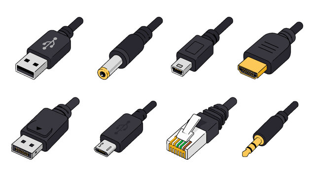 Set of computer and audio cable connector vector icons